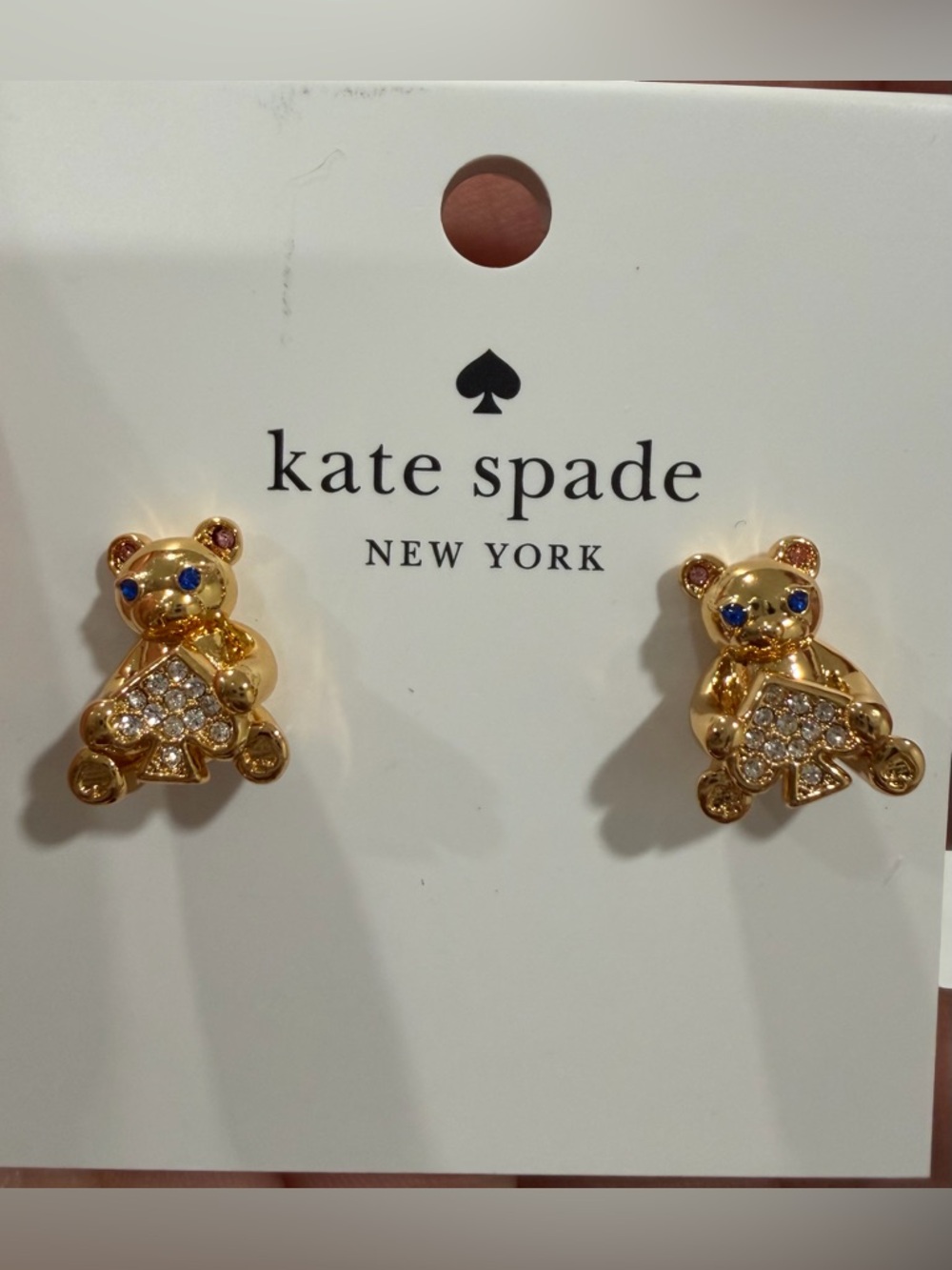 kate spade Gold Teddy Bear Stud Earrings with Clear and Blue Crystals